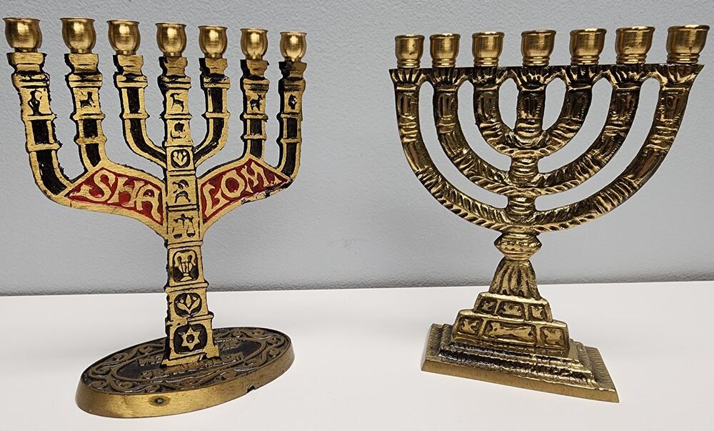 2 Vintage Brass Mini Menorahs 7-Candle SHALOM JERUSALEM Judaica Decor